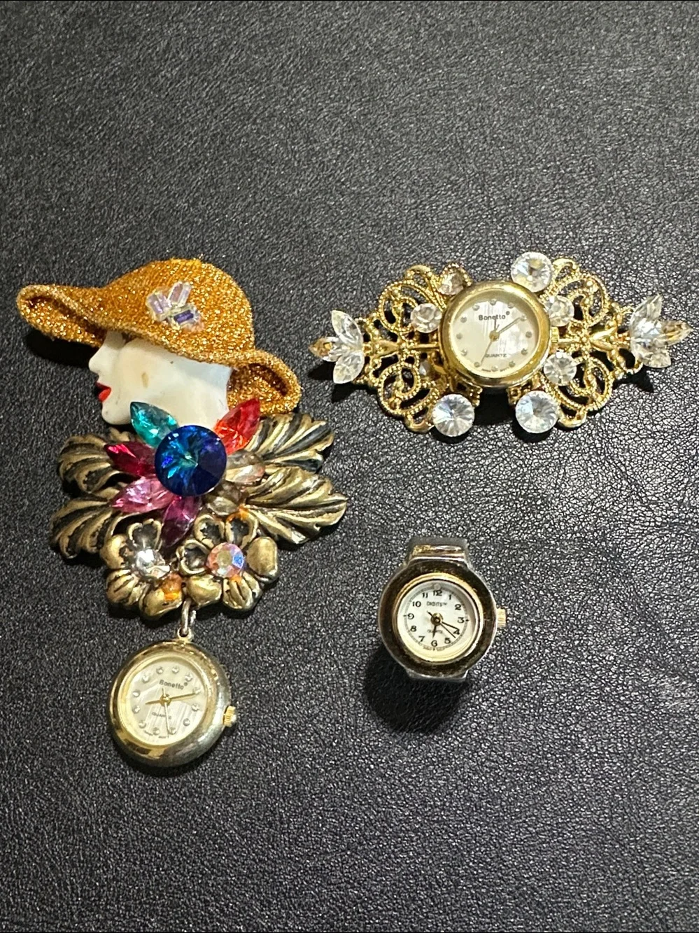 Bonetto Vintage Gold Tone 1980’s Ring Brooch Watch Bundle